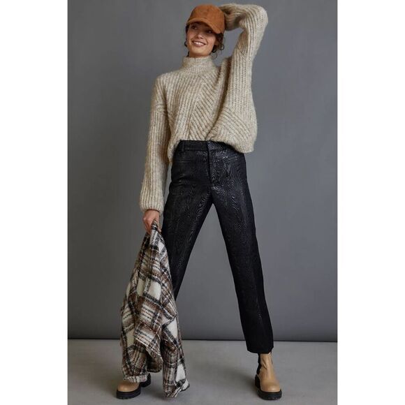 Anthropologie The Essential Slim Straight Pants Womens Sz 4 Black Motif Textured - Picture 1 of 16